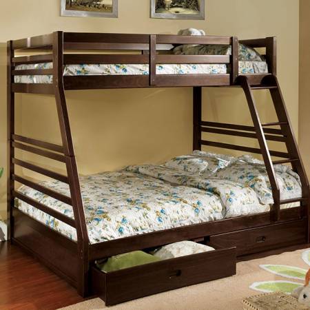 CALIFORNIA III Twin/Full Bunk Bed w/ 2 Drawers in Dark Walnut 